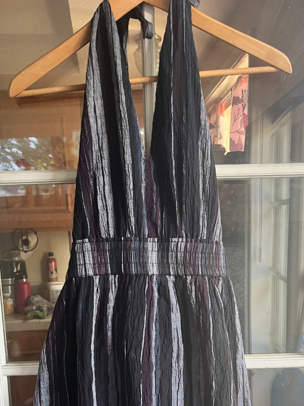 Amaryllis  textured striped halter maxi  deep-V smocked elastic waistband  small